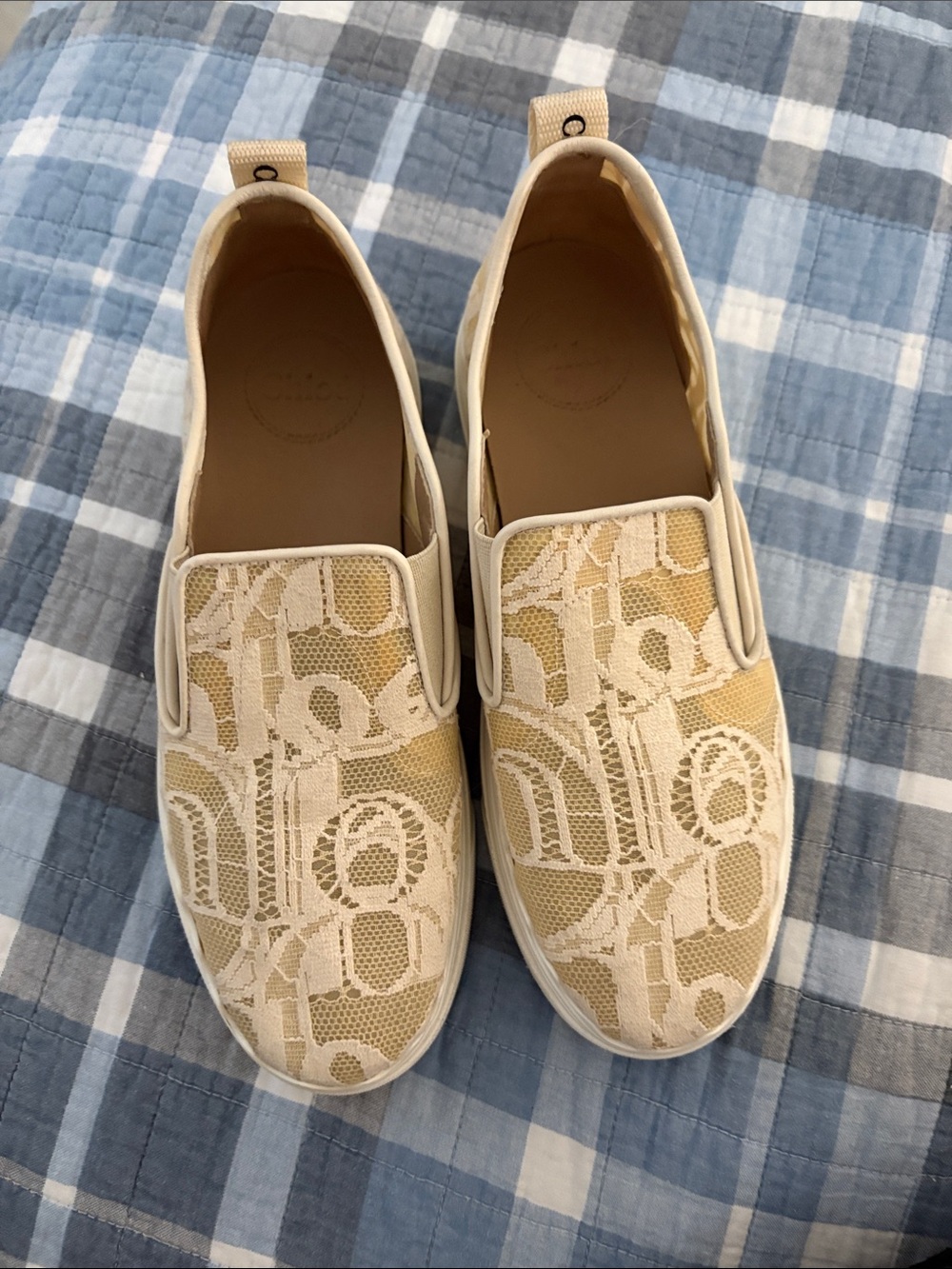Chloé Cream and Tan Lace-Overlay Slip-On Sneakers